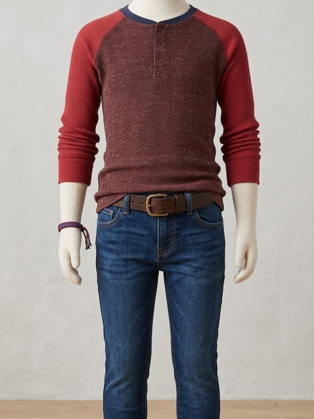 Wonder Nation Red Raglan Long Sleeve Henley Tee with Navy Trim